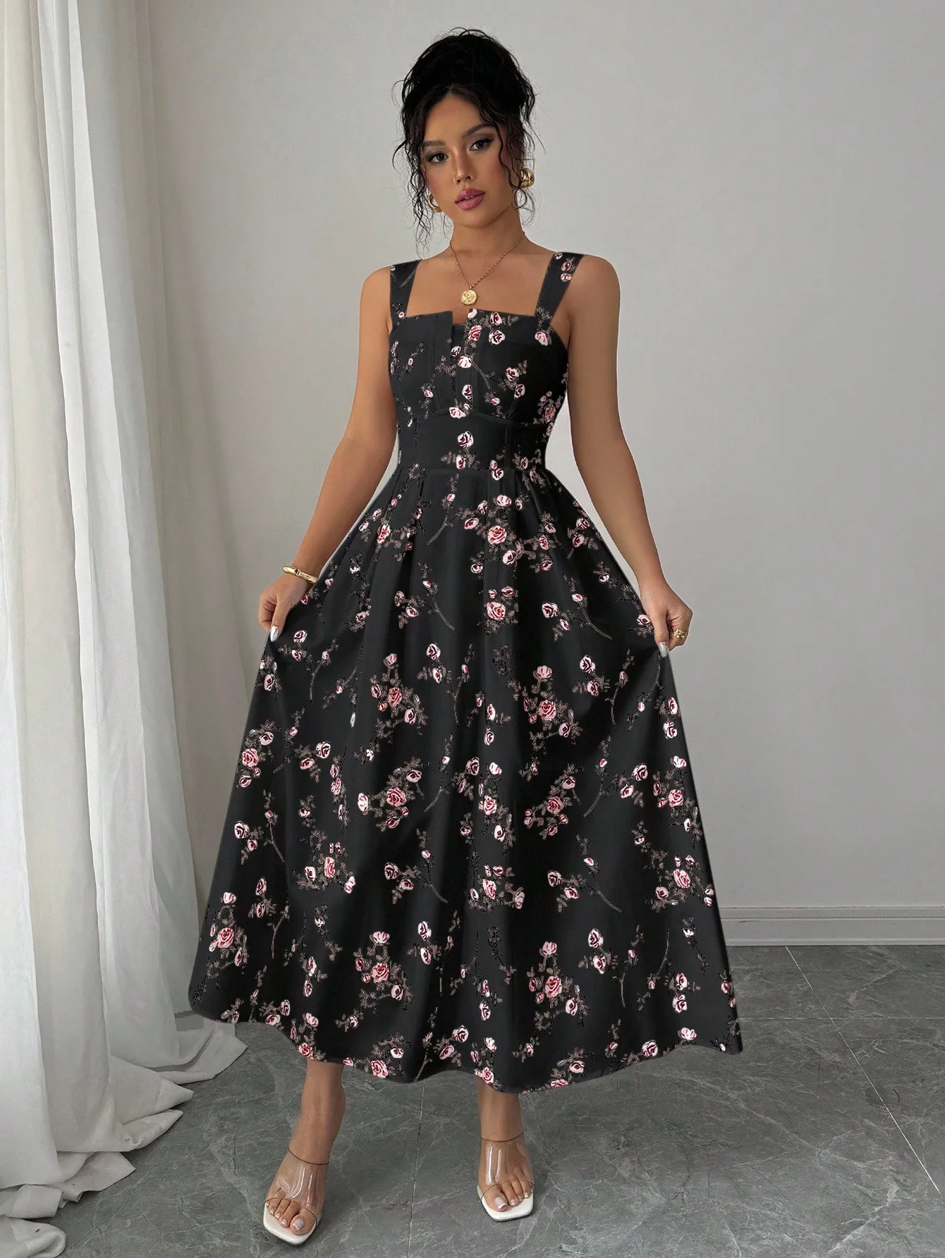 Smocked Dress Women - Womens Floral Print Midi Dress Square