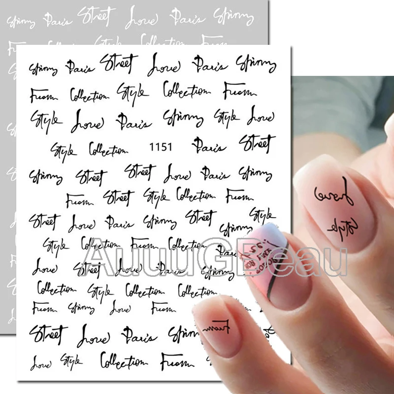 

Nail Art Decals Black White Laser Gold Silver Letters Back Glue Nail Stickers Decoration For Nail Tips Beauty