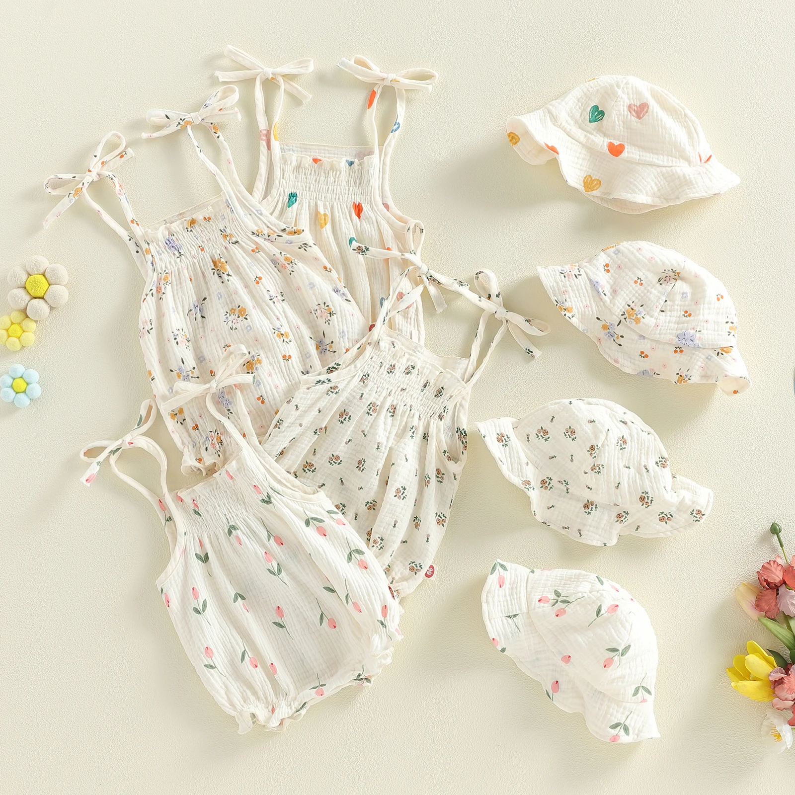 Summer Infant Baby Girls Sweet Bodysuit Sleeveless Strap Floral Overalls Hat Casual Clothes