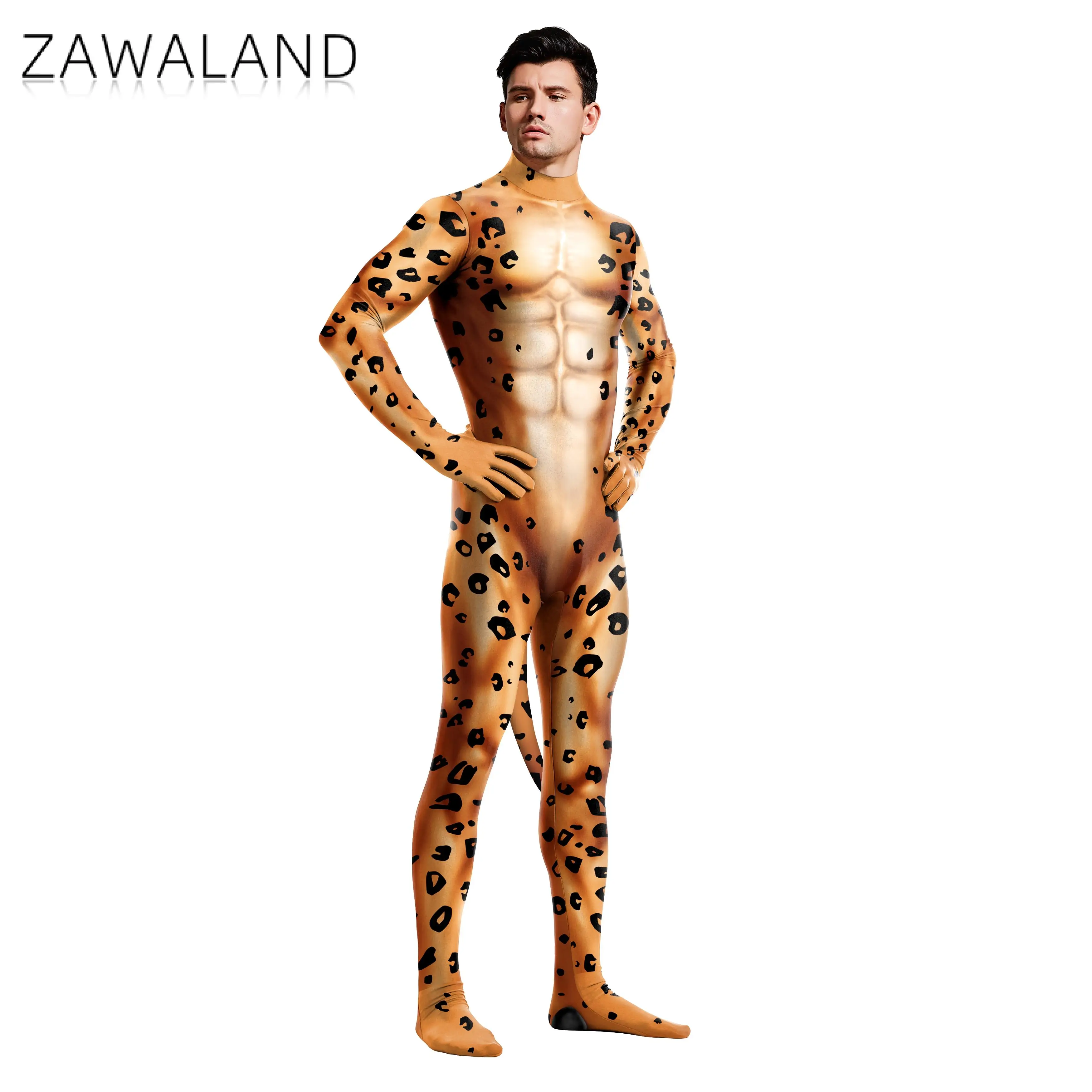 Zentai adulto trajes cosplay animal 3d leopardo impresso bodysuit ternos com cauda unisex sexy petsuit macacões do músculo