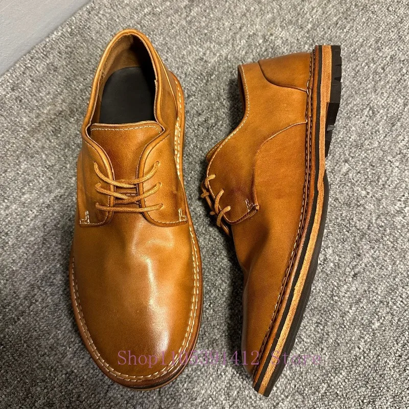 European Horsehide Retro Derby Shoes Men Genuine Leather Lace-up Casual Leather Shoes Round-toe Work Business Commuter Shoes