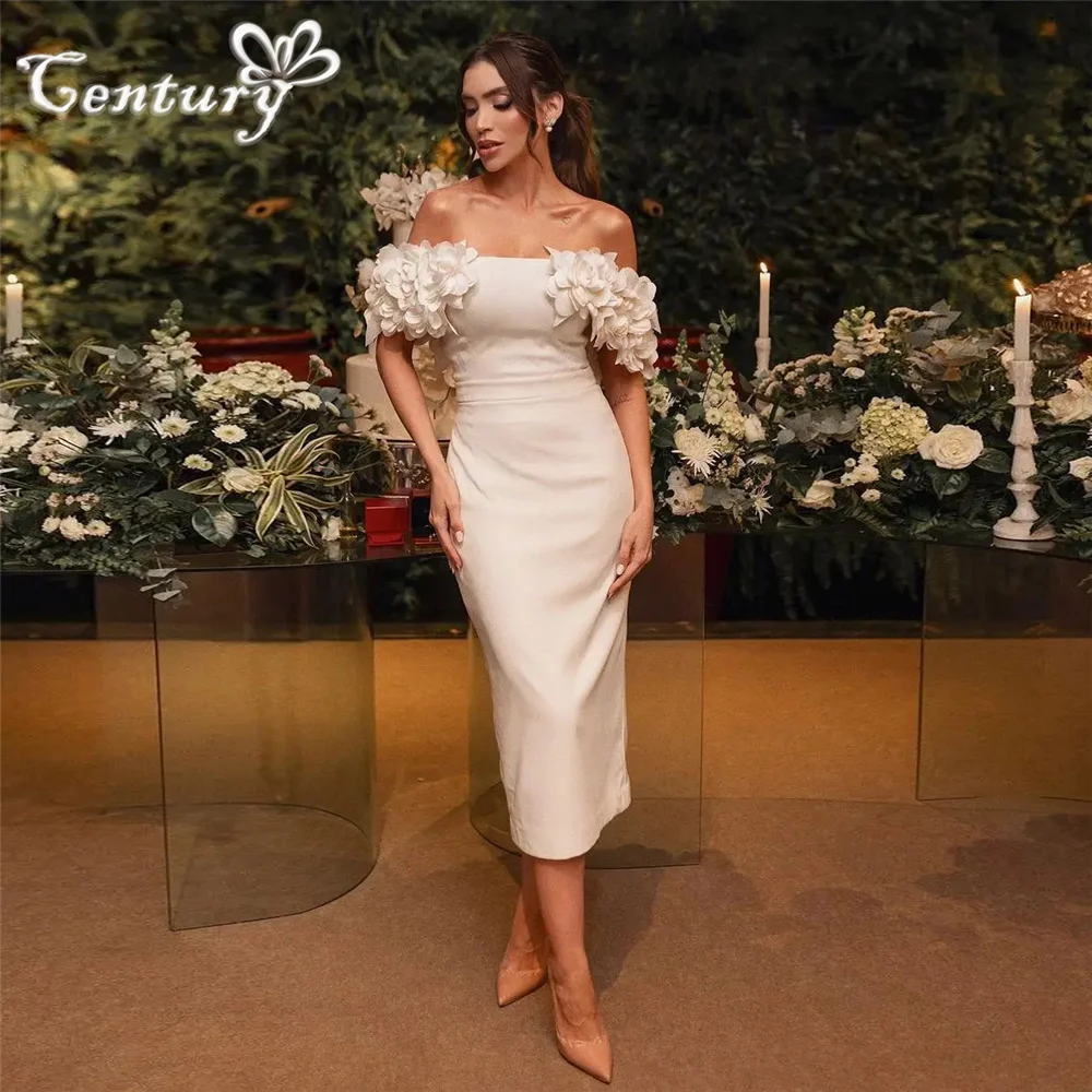 

Off Shoulder Wedding Dress Mermaid 2024 3D Flowers Tea-Length Simple Bride Dress Beach Bridal Party Gowns Robe De Mariee 2024