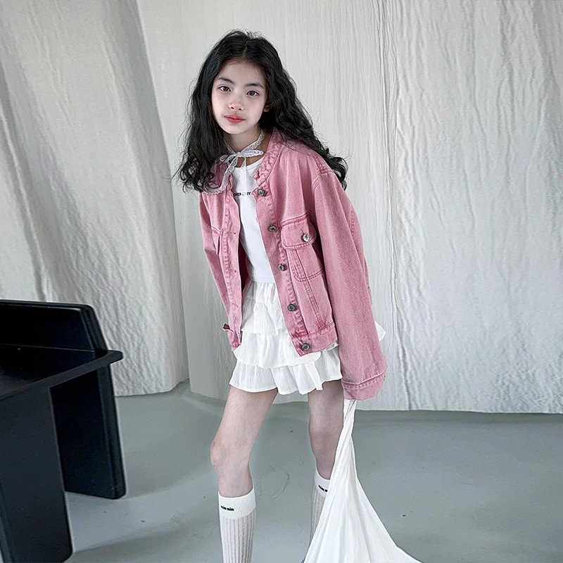خريف جديد الوردي في سن المراهقة الفتيات الدنيم سترة 4 5 6 7 8 9 10 11 12 13 14 صغار الاطفال معطف غير رسمي الأطفال ملابس خارجية