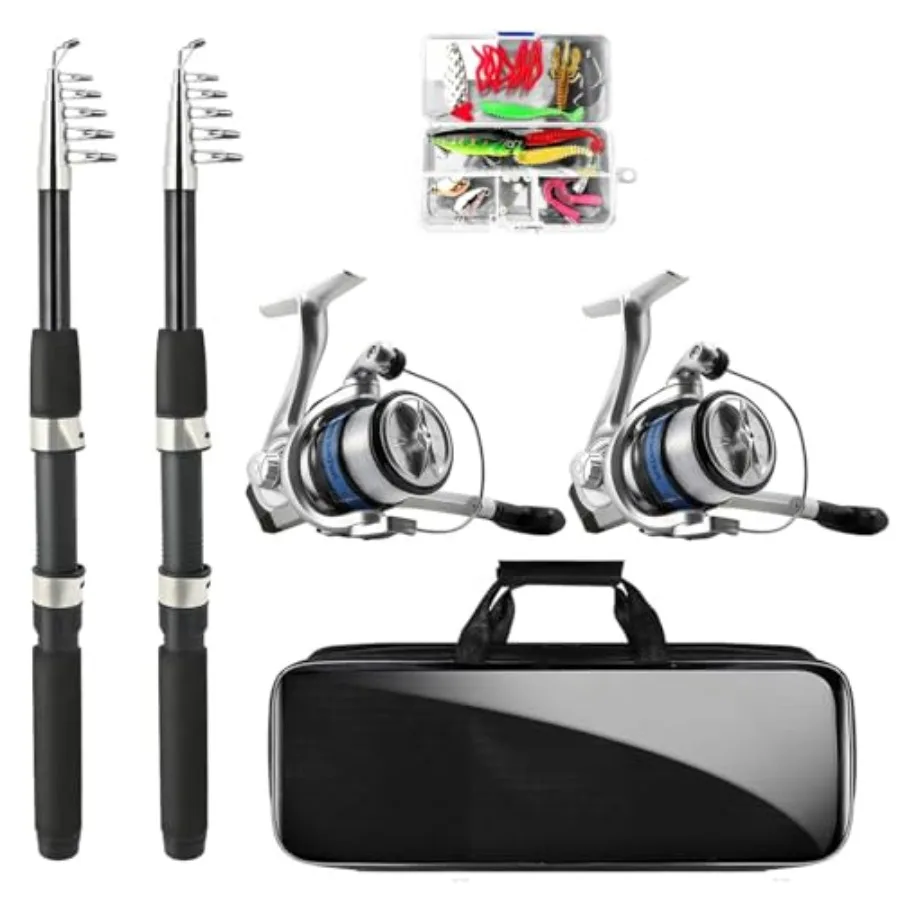 Telescopic Fishing Rod and Reel Combo, 2PCS 5.9FT Collapsible Fishing Pole Set with Pre-Loaded Spinning Reel Lures and Carrier