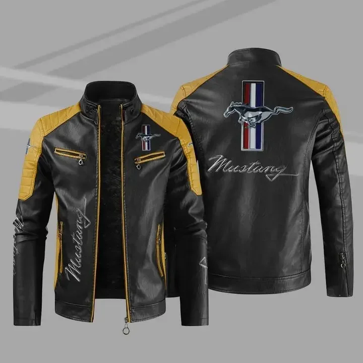 Autumn New Causal Vintage Leather Mustang logo Jacket Coat Men Spring Outfit Design Motor Biker Pocket PU Leather Jacket Men