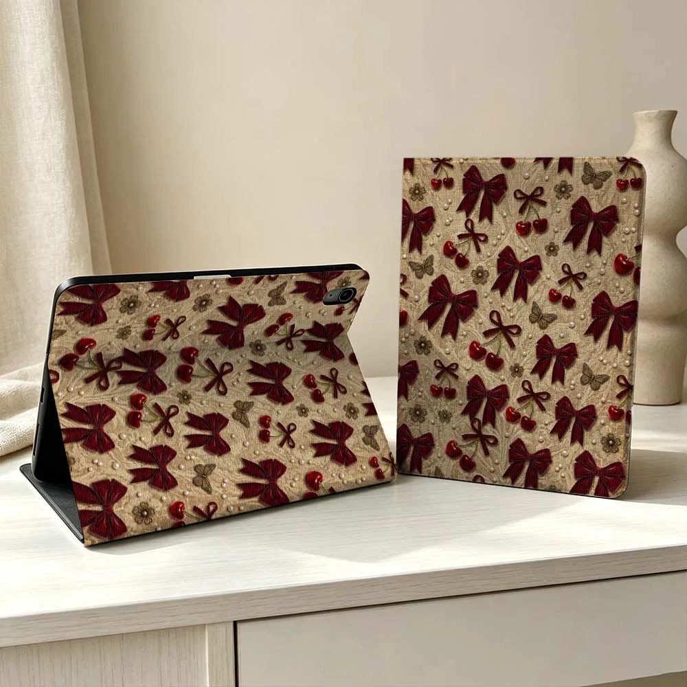 Retro Bow Cherry Pattern Soft Pen Tray Tablet Case For iPad Pro Air mini 7 6 5 4 3 2 1 M5 M4 M3 11th 10th A17 Pro A16 A14