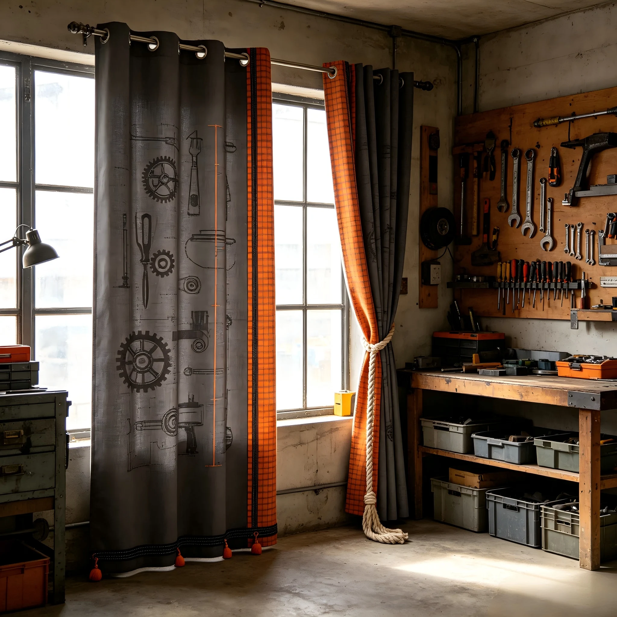 200333  Next to the tool wall in the workspace: charcoal grey polyester with orange checkered fabric, industrial patterned curta