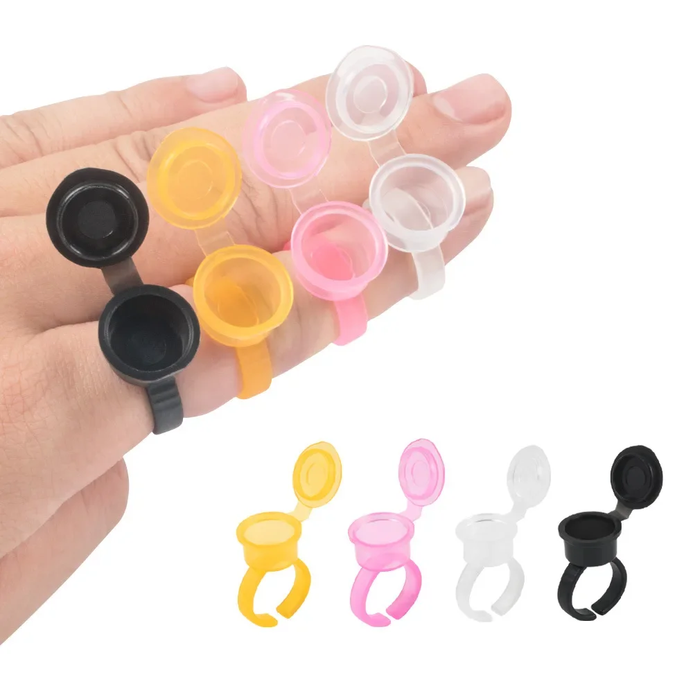 50pcs Tattoo Ink Ring Cups with Lid Plastic Ink/Glue Holder 3 Colors Disposable Microblading Pigment Caps Accessory PMU Supplies