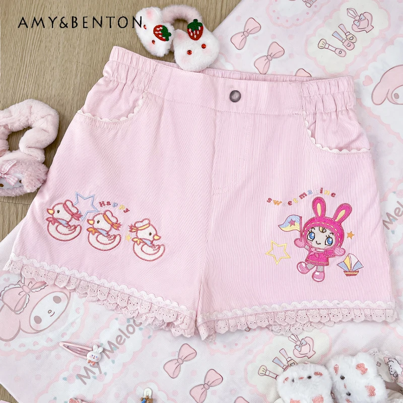 

Sweet Girl Cute Cartoon Embroidered Shorts Women Japanese Elastic Waist All Match Slim Wide-leg Pants Summer Kawaii Pink Shorts