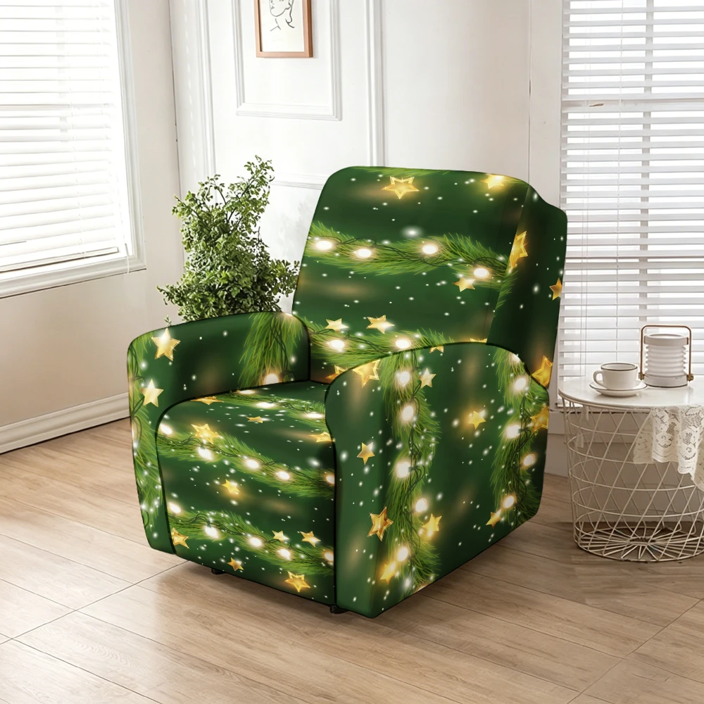 Dark Green Pine Garland Warm Light Golden Star Print Stretch Recliner Chair Cover, Removable Washable Full Sofa Slipcover