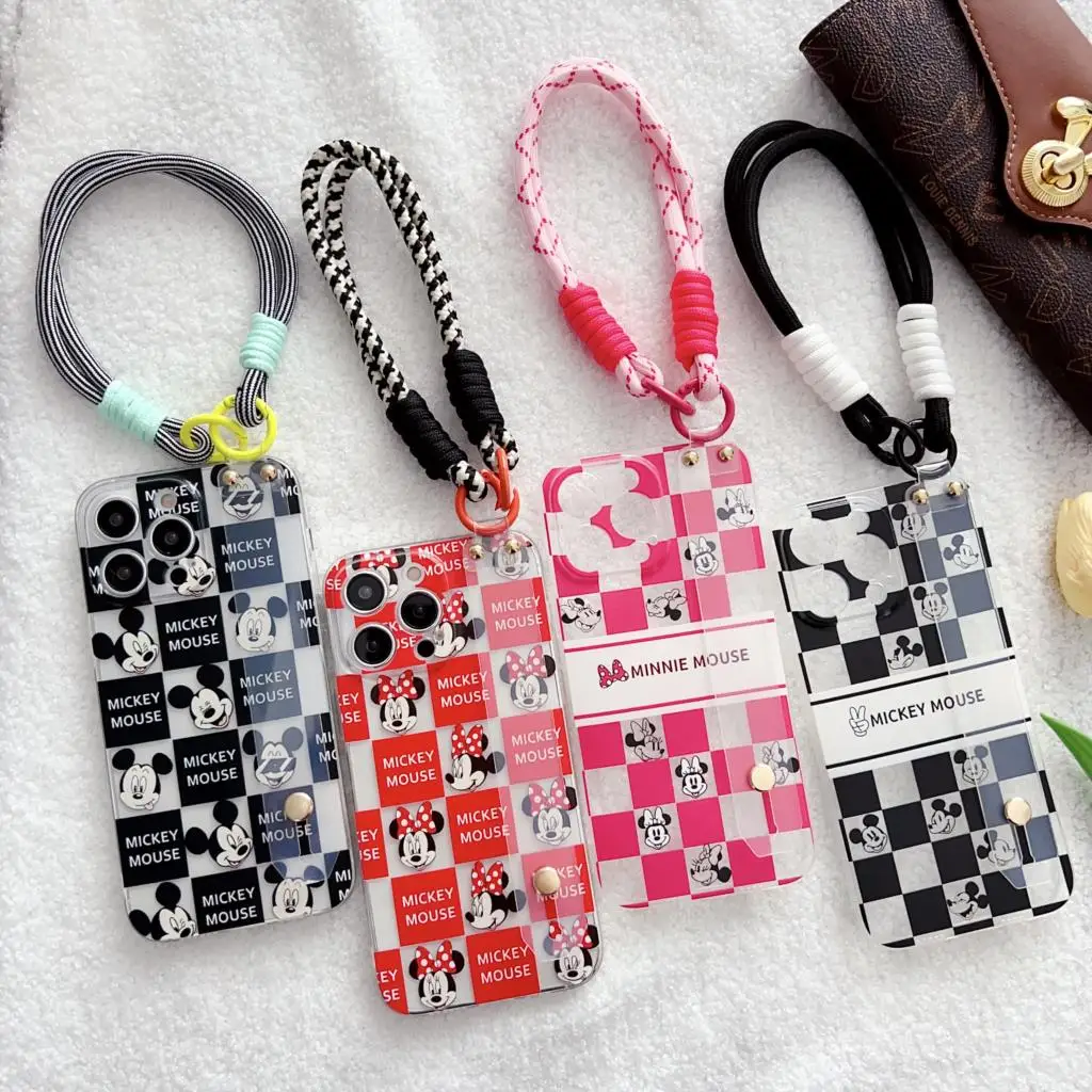 For Samsung Galaxy S7 S8 S9 S10 S20 S21 S22 S23 S24 Plus Ultra FE Plaid Minnie Case Wrist Strap Holder