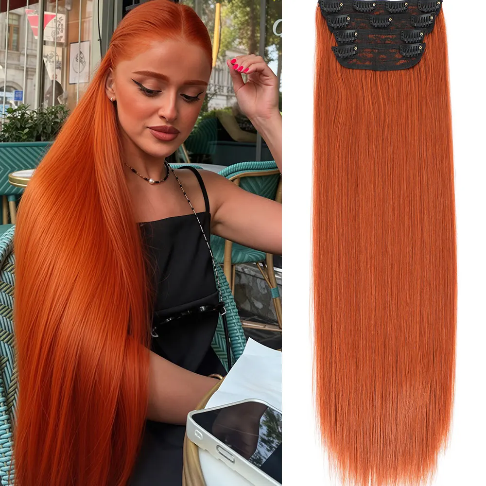 Clip in Hair Extensions 24 Inch Straight 4Pcs Set 200g 11 Clips Heat Resistant Synthetic Hair for Women Copper Red Brown Natural