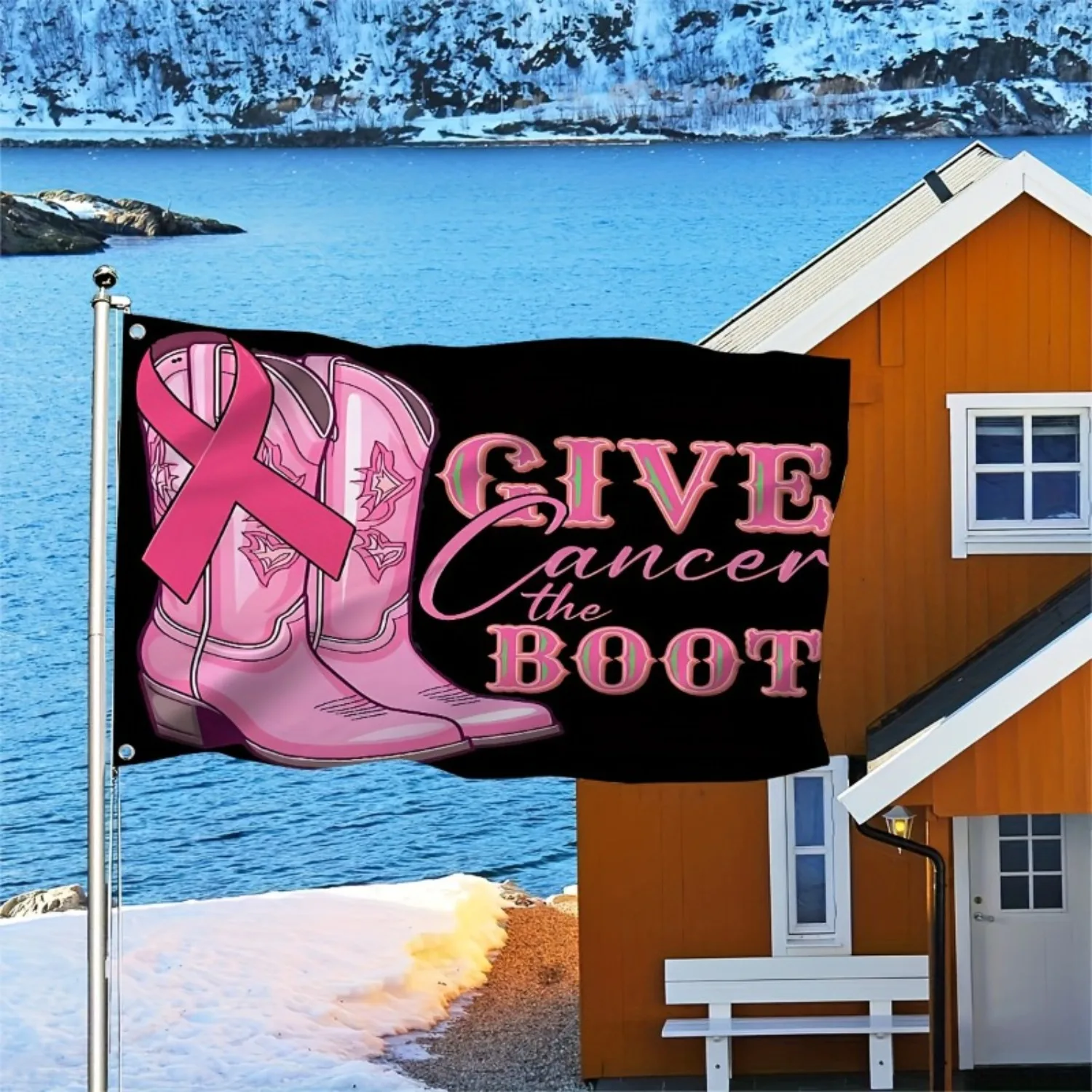 1pc, Breast Cancer Awareness Ribbon Flag, 3X5 FT, with Pink Boots And 