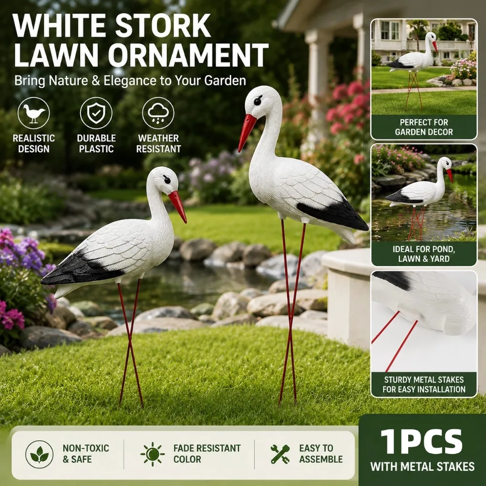 Artificial White Crane Garden Ornament Outdoor Yard Landscape Decoration Plastic Bird Statue Pond Courtyard Decor with Stakes