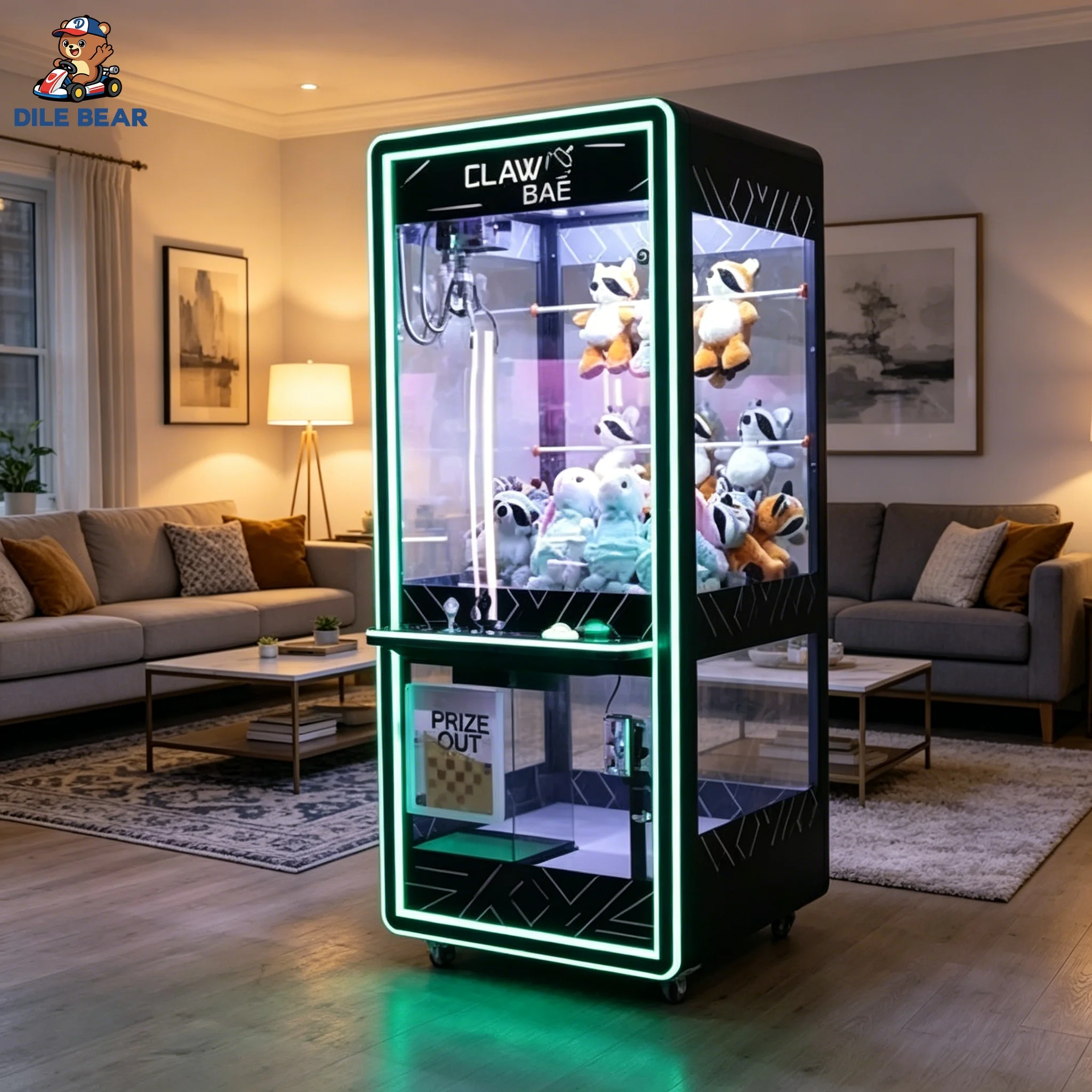 Arcade Prize Vending Machine - ตู้คีบตุ๊กตาสีดำ เครื่องเกมอาร์เคดสมัยใหม่ แบบหยอดเหรียญ พร้อมไฟ LED สำหรับห้างสรรพสินค้าและคลับ
