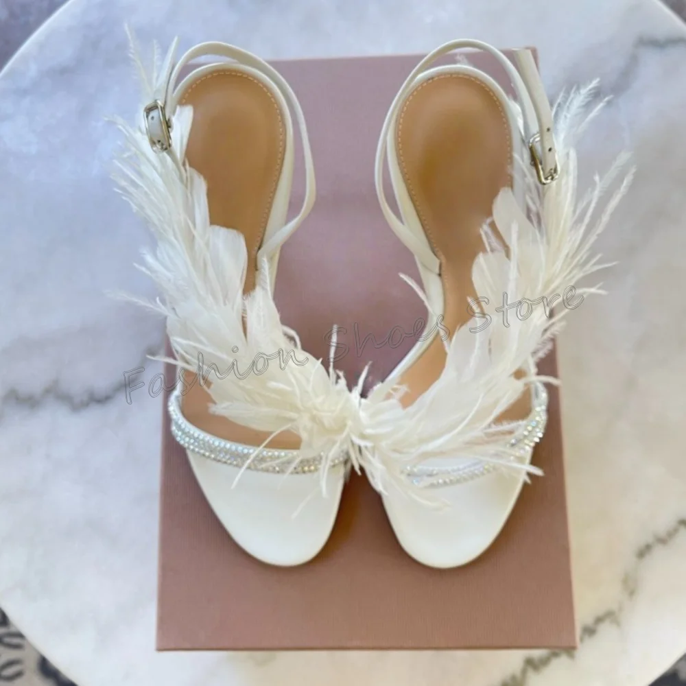 

White Feather Decor Buckle Strap Sandals Crystal Strap Women Shoes Thin High Heels Party Banquet Dating 2025 Zapatos Para Mujere