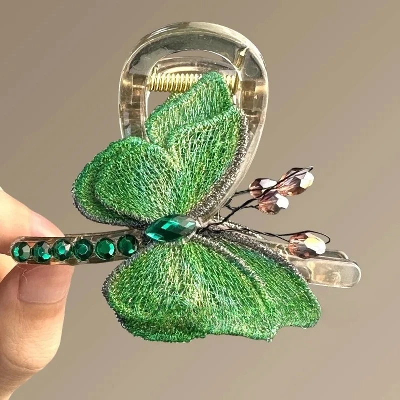 Hair Claw Clip Butterfly Embroidered Elegant Green Half-tied Hair On The Back Of The Head Shark Clip Retro Style Embroidered But view 4