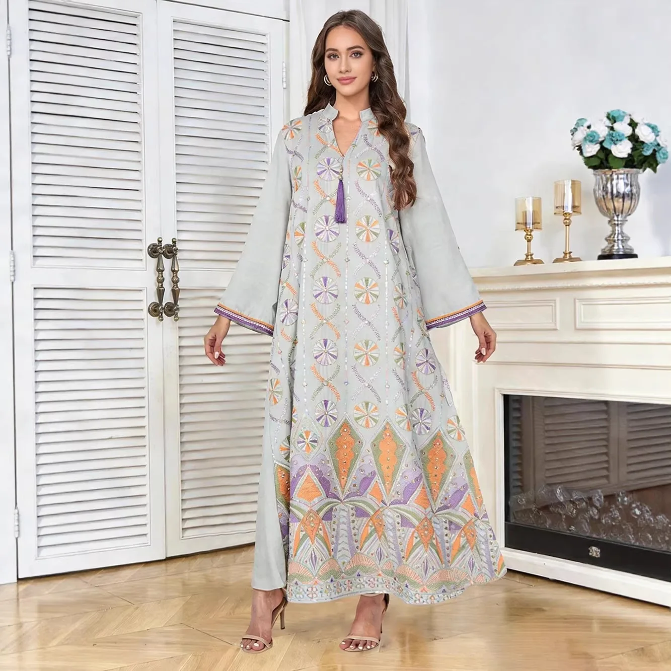 Women V-neck Tassels V-neck Long Sleeve Loose Simple Basic Casual Trendy Ceremonial Dress Arabian Turkey Muslim New Female Abaya