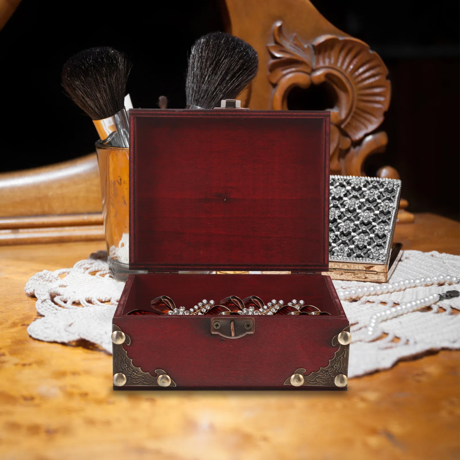 

Retro Wooden Jewelry Box Earring Storage Organizer Trinket Case Ring Bracelets Holder Desktop Container Wood Jewelry Storage Box