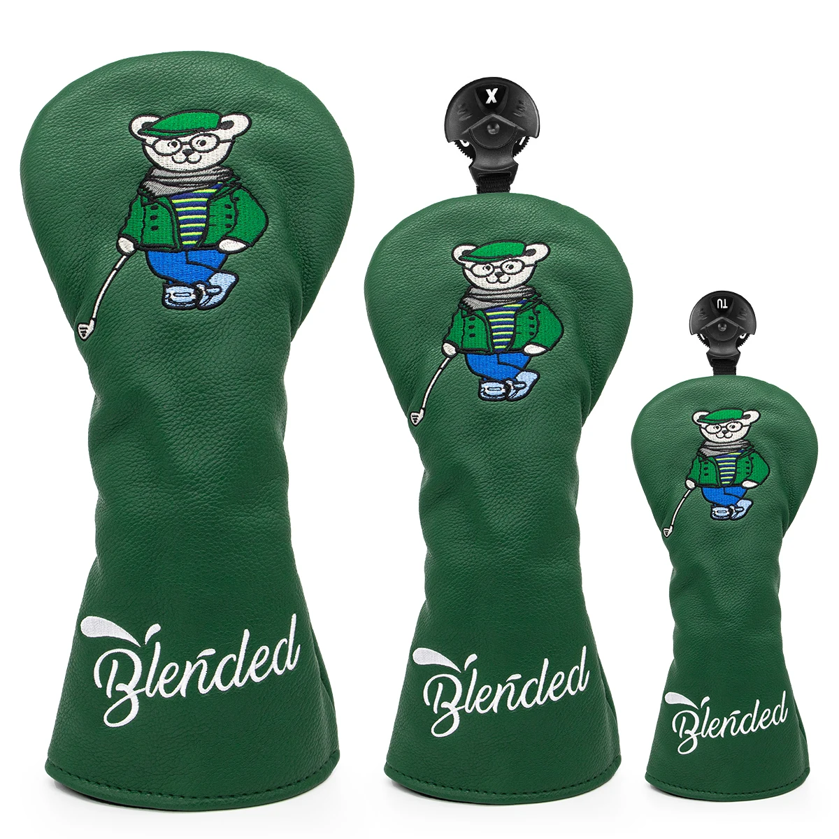 

Golf Club Headcover for #1 #3 #5 Cute Mr.Bear Green Premium Leather Driver Fairway(FW) Wood Hybrid(UT) with Number Tags Golf