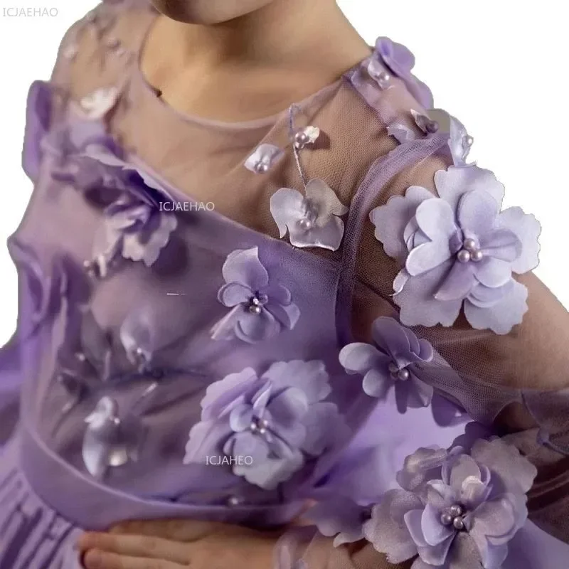 Purple Girls Long Sleeve Party Dress New Puffy Evening Pageant Formal Celebration Tulle Princess Gown for Birthday Fashion Show view 5
