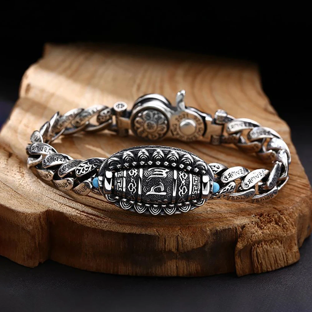 

Exquisite Revolving Six-Character Mantra 925 Silver Bracelets 18/20/22CM Retro Chain Men's Party Fashion Jewelry Gift