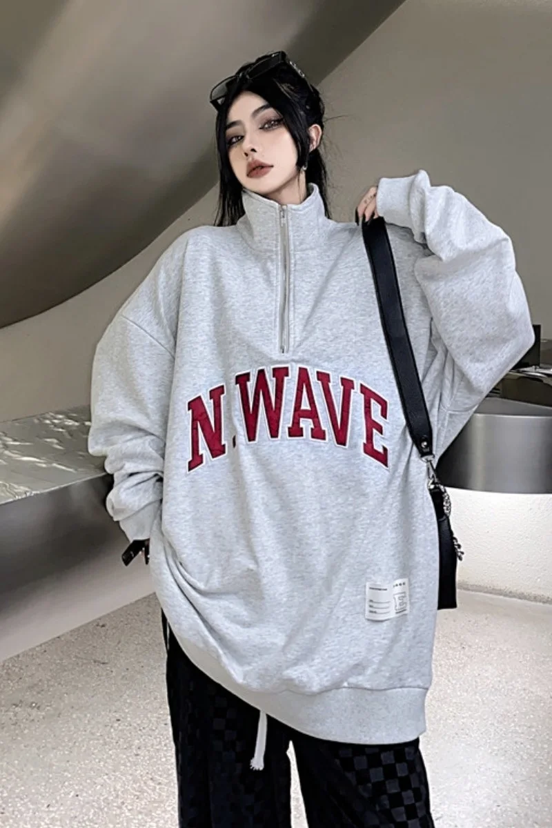 

Sweatshirt Women Autumn 2022 New American Stand Collar High Street Long Loose Letter Print Zipper Sweater Niche Top