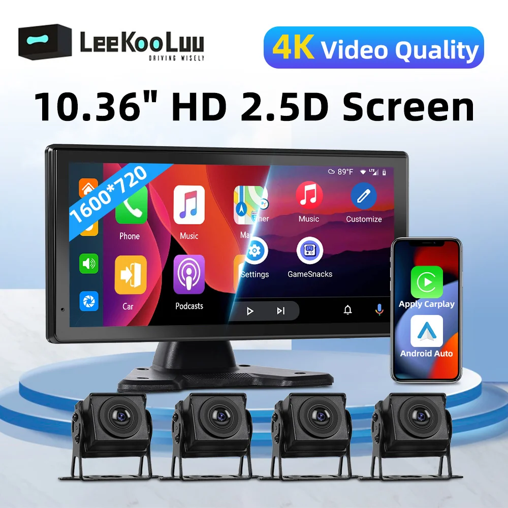 Leekooluu 10.36-inch Screen Carplay Portable Smart Player Supports Android Auto Apple CarPlay Airplay Android Cast 4 Cameras