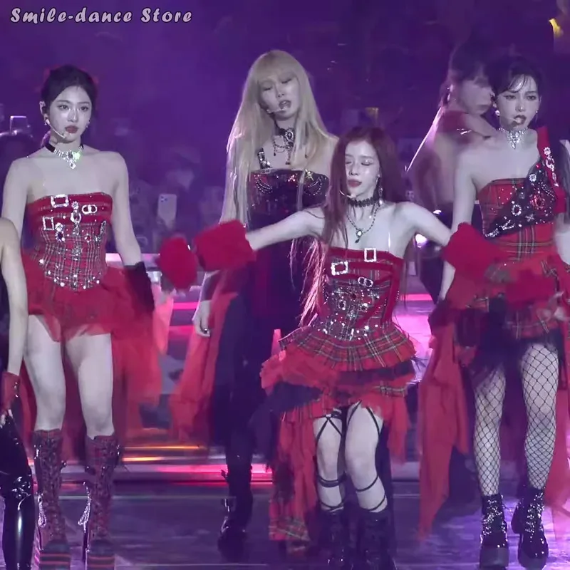 

DY20Hiphop Red Plaid Dance Set Mesh Tutu Skirt & Top Jazz Performance Outfit Stage Costume for Women Girls Kpop Inspired Two-Pie