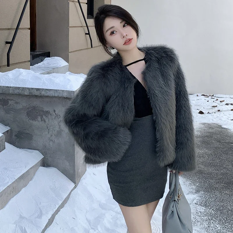 Autumn/Winter Women's Faux Fur Mixed Fur Coat Korean Clothing Fashion Jacket O-neck Long Sleeve Slim Women Top