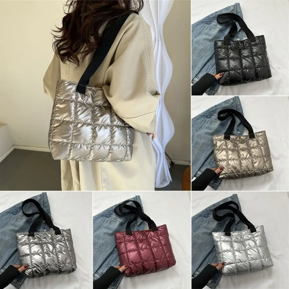 Quilted Shoulder Bags Retro Personality Down Cotton Padded Large Capacity Handbags Solid Color Tote Bags Women Girls