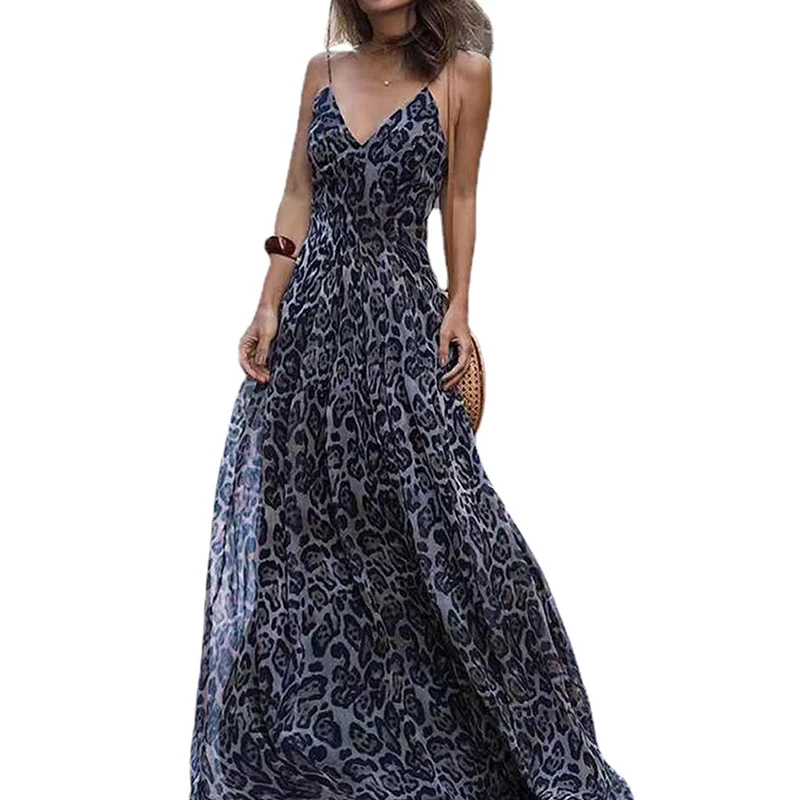 Sexy Fashion V-neck Leopard Big Hem Tank Slip Dress Summer Women's Boho Beach Holiday Casual Spaghetti Strap Maxi Robe Dresses