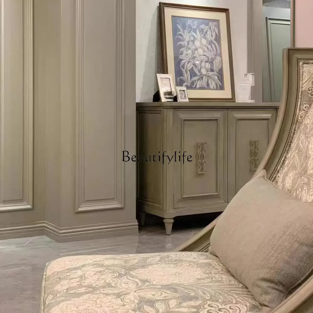 

yj19 American solid wood dining side cabinet living room light luxury high-end door cabinet French