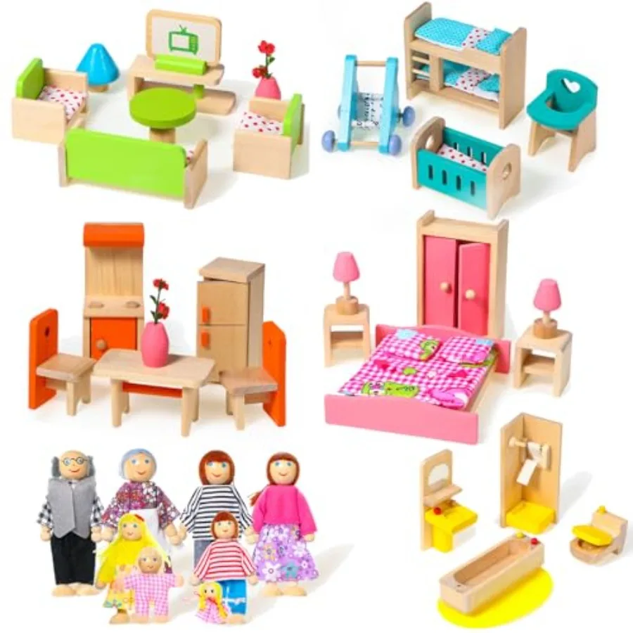 

Набор из 52 предметов деревянной мебели для кукольного домика с 8 куклами-семейками, миниатюрные аксессуары для дома в масштабе 1:12, различных цветов, для ванной комнаты
