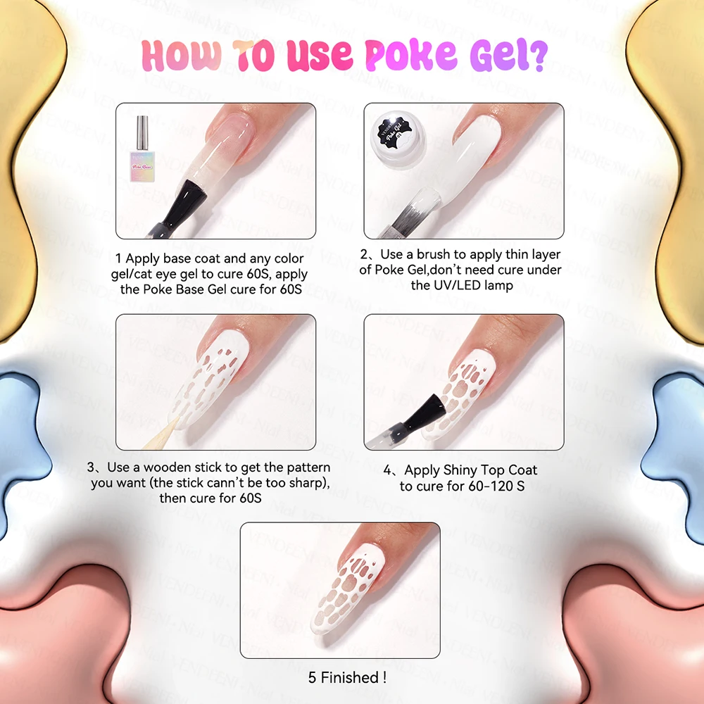 ยาทาเล็บเจล Vendeeni 12 สี แบบโปเกโปเก ปราศจากสาร TPO และ HEMA แบบ UV ล้างออกได้  เนื้อเจลแบบลูกคลื่น  สำหรับตกแต่งเล็บลายลูกไม้  แบบทาเพ้นท์