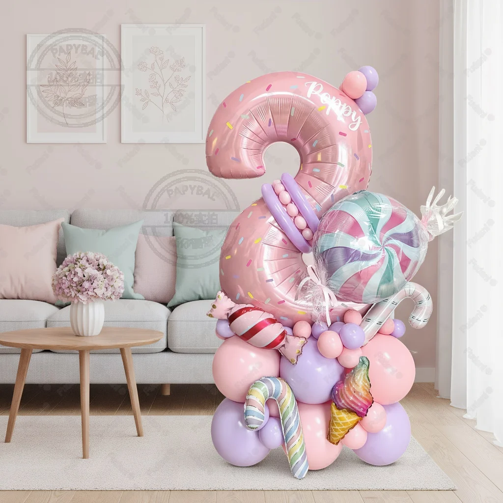 เสาลูกโป่งธีมอมยิ้มสีชมพูหวาน พร้อมตัวเลขขนาด 32 นิ้ว สำหรับงานวันเกิดเด็กผู้หญิง ไอศกรีม ของตกแต่งงานปาร์ตี้ ของขวัญเด็ก ของเล่น