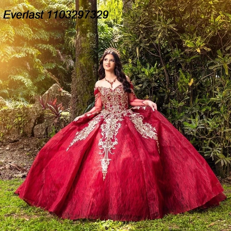 

EVLAST Red Quinceanera Dress Ball Gown Gold Lace Applique Beading Long Sleeve Corset Sweet 16 Vestidos De XV 15 Anos TQD658