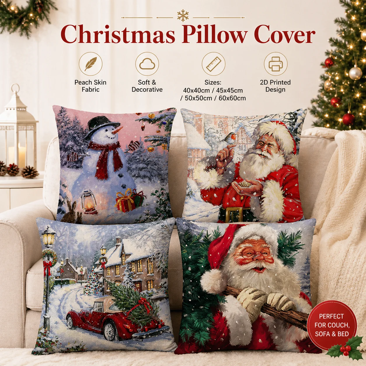 

Merry Christmas Santa Claus Snowman 2D Flat Print Peach Skin Cushion Cover Throw Pillowcase for Sofa Couch Bed Living Room 45x45