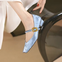 NEW Spring/Autumn Women Pumps Square Toe Chunky Heel Shoes Split Leather Shoes for Women Elegant High Heels Buckle Mary Janes