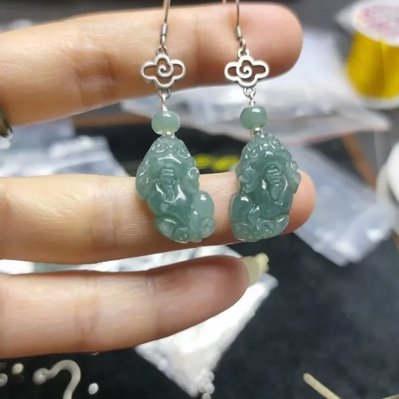 925 Silver Inlay Burmese Emerald Jade Blue Water Pixiu Earring Ring Beads Natural Green Adjustable Women Jewelry Customized