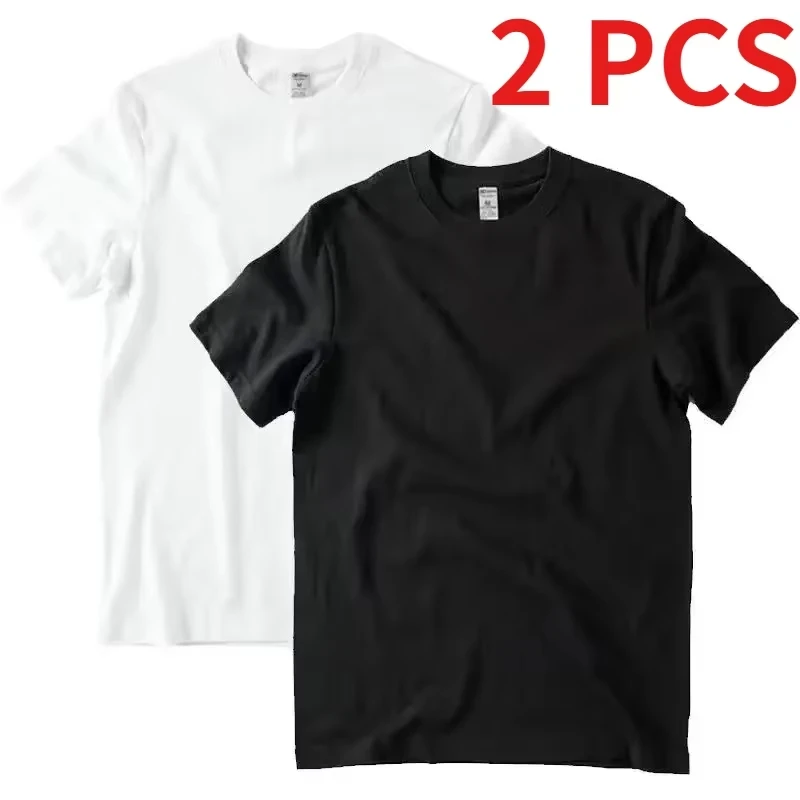 

2pcs Solid Color T-shirt 100_ Cotton Men Women White O-Neck Loose Short-sleeved Basic Models All-match T-shirt Couple Tops Black