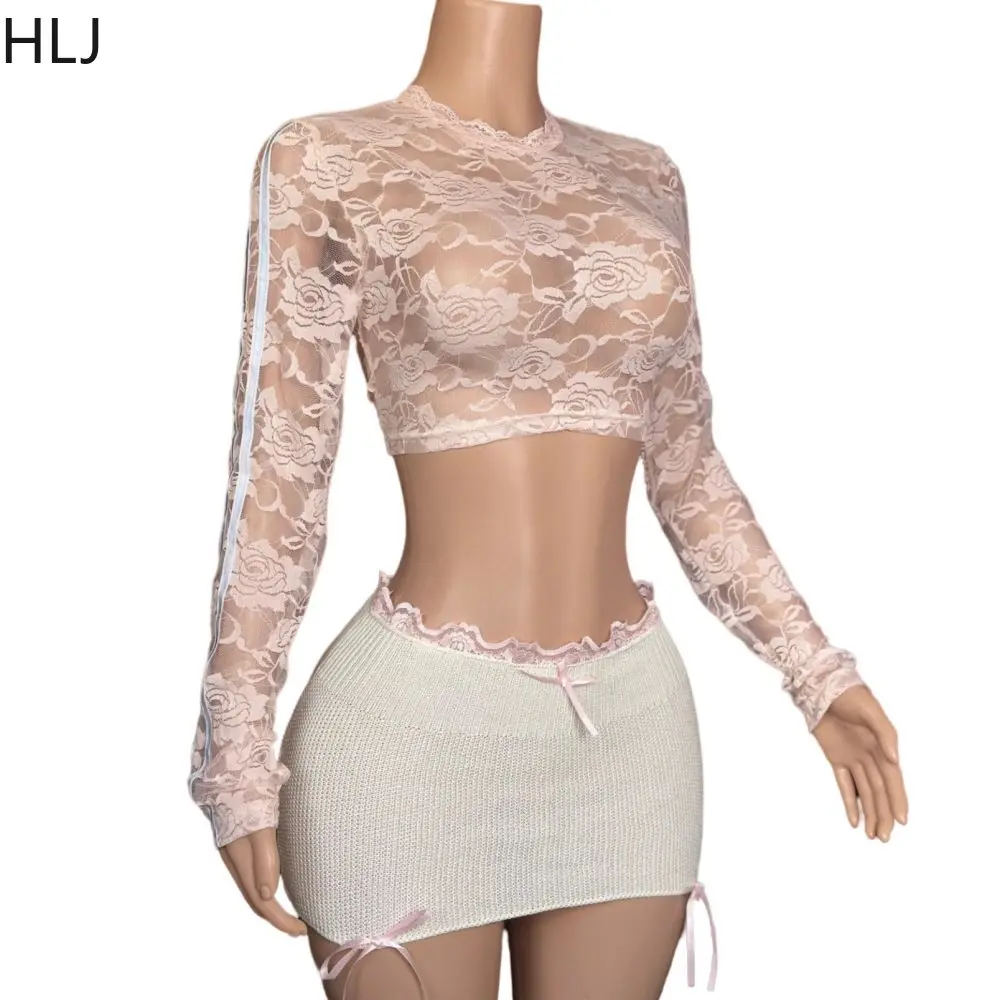 HLJ Y2K Hot Girl Bow Knitting Mini Skirts Two Piece Sets for Women Lace Long Sleeve Crop Top And Skirt Outfit Fashion Streetwear