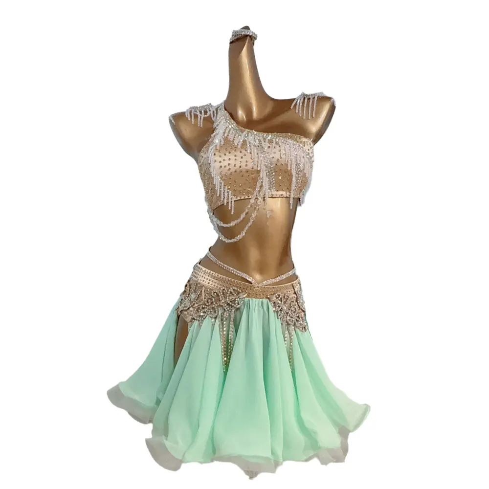 라틴 댄스 경연 대회 여성 하이 엔드 맞춤형 크리스탈 쥬얼리 스플릿 메쉬 스커트 삼바 퍼포먼스 워터 다이아몬드 드레스