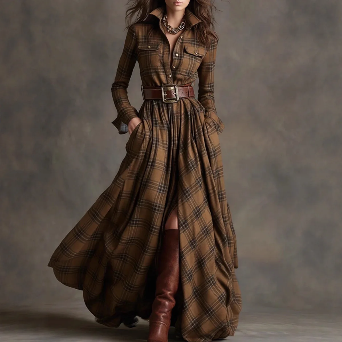 Retro Plaid Print Dresses Autumn Elegant Casual Turn-down Collar Button Shirt Maxi Dress Woman Long Sleeve Pocket Boho Dress