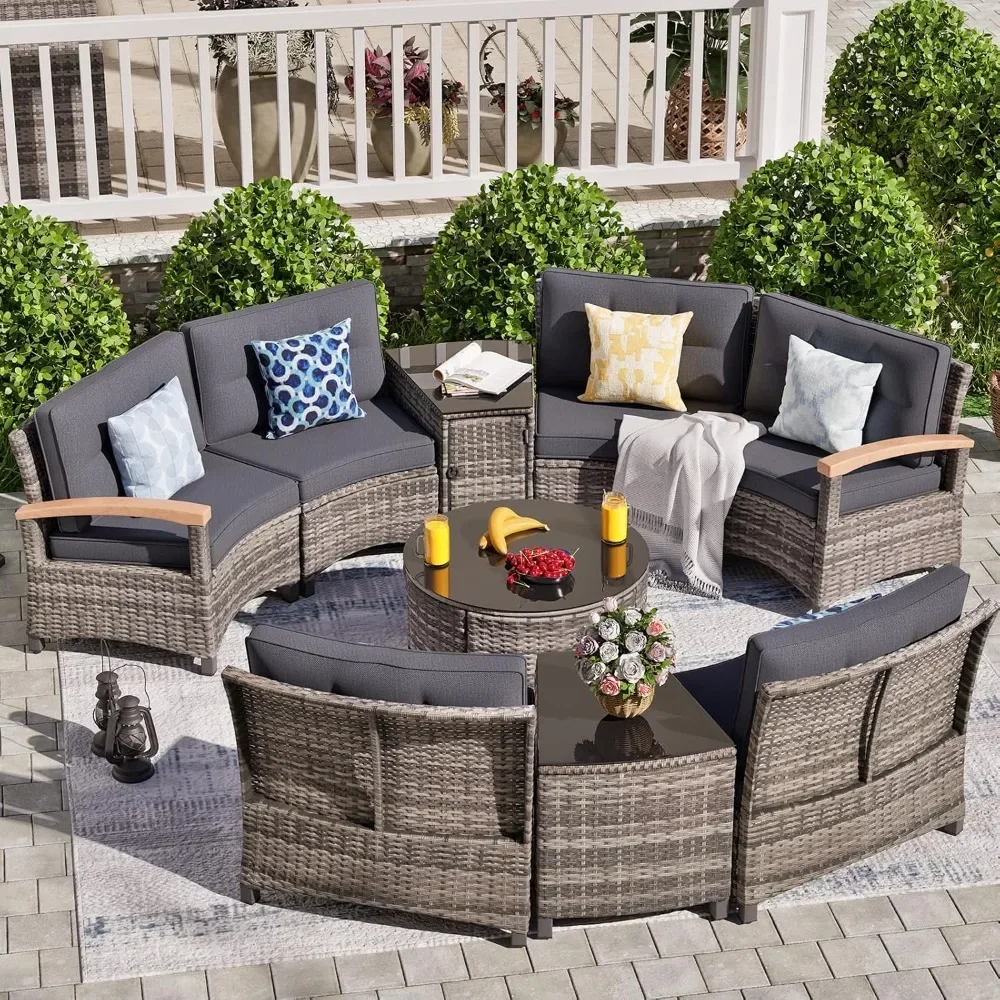 with Wood Armrests, Coffee Table & 9 Piece Outdoor Patio Furniture Set, Half-Moon Curved Sectional Sofa Rattan Conversation Set