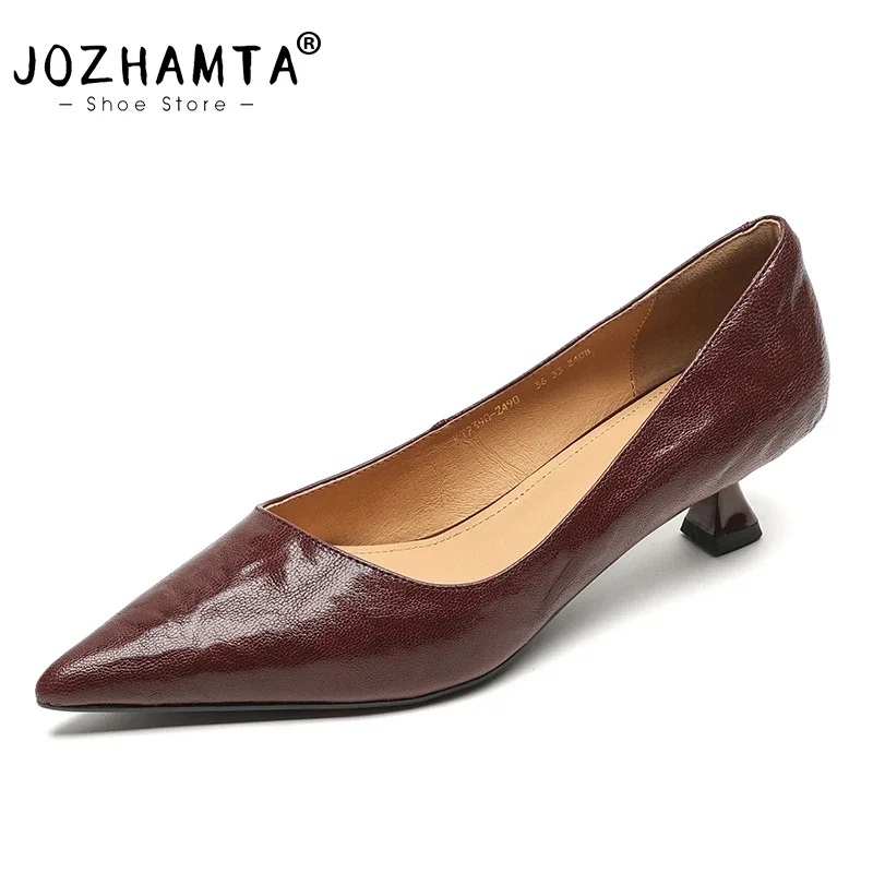 JOZHAMTA Women Pumps Genuine Leather High Heels Shoes Vintage Sexy Pointy Toe Spring Fashion 2025 Office Lady Dress Size 33-40