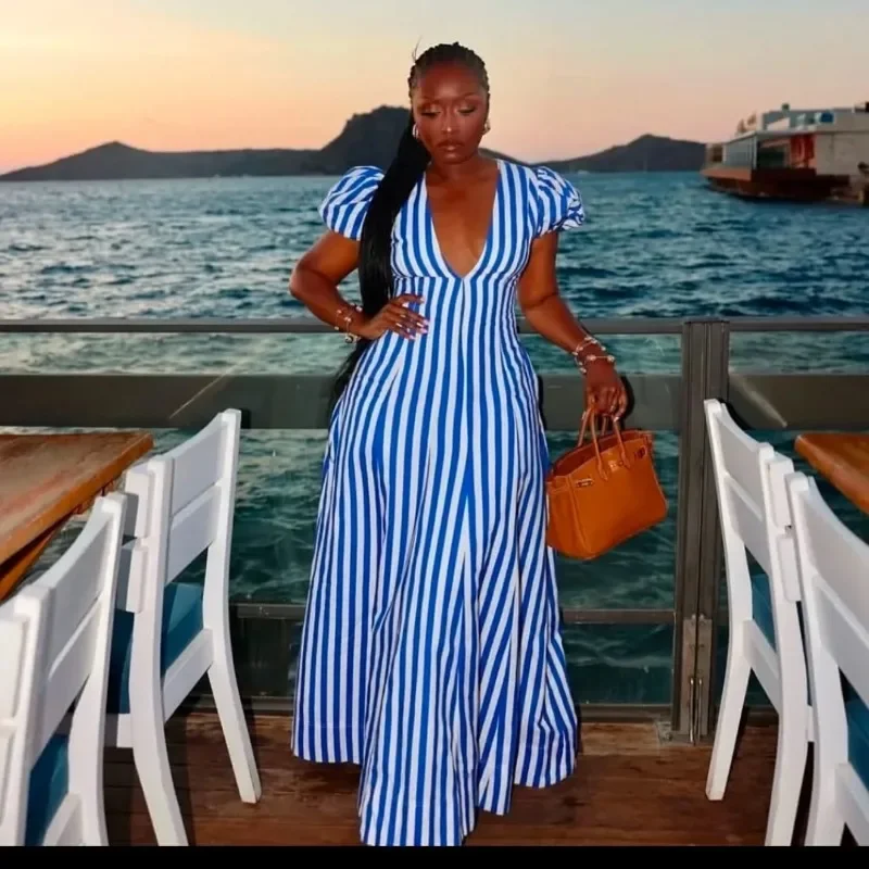 

Women Striped Printed V-Neck Dress Short Sleeve Elegant Slim Casual Vacation Streertwear Vintage Long Dress Summer Dresses 2026