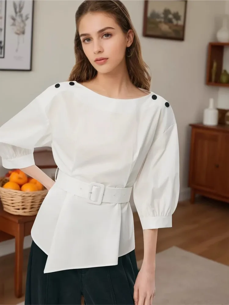 

Summer Elegant Half Sleeve Sashes Tops Women 2026 Fashion Solid Color White O-neck Lace-up Blouses And Shirts Casual