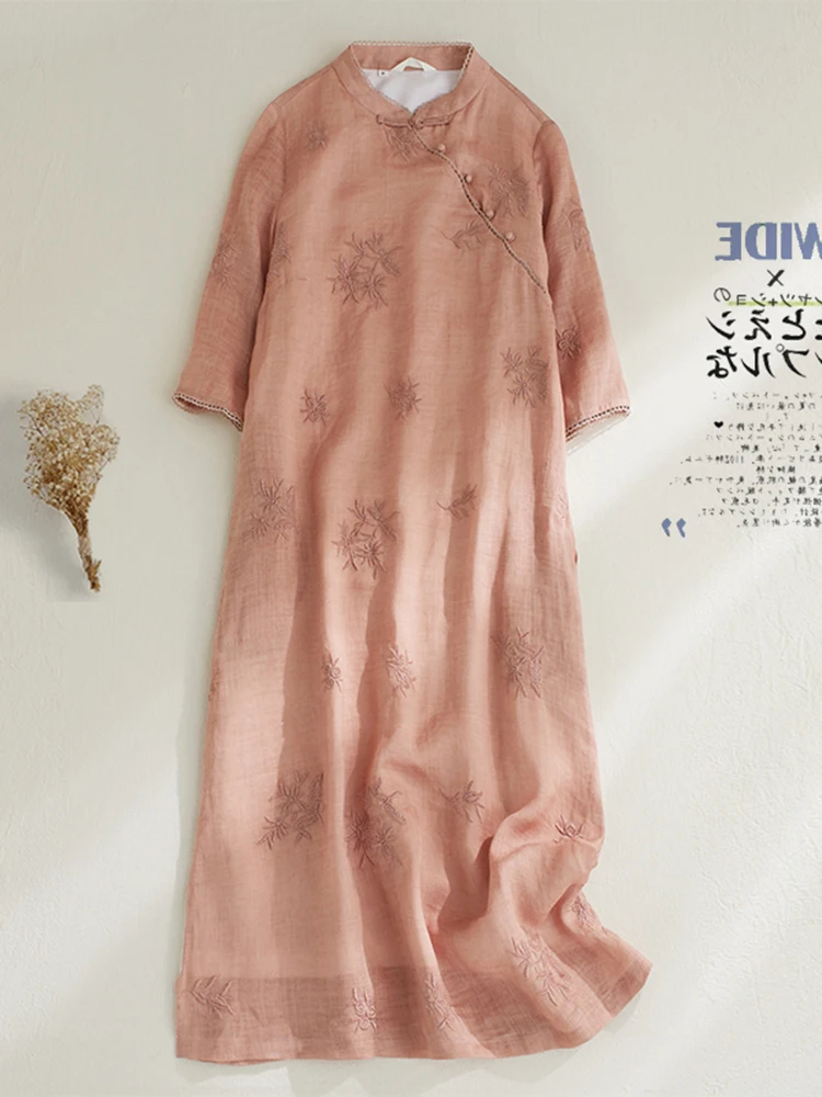 

Ele Cotton Linen Embroidered Dr Large Size Loose Fit Slanting Collar Summer Long Skirt for plus Size Women