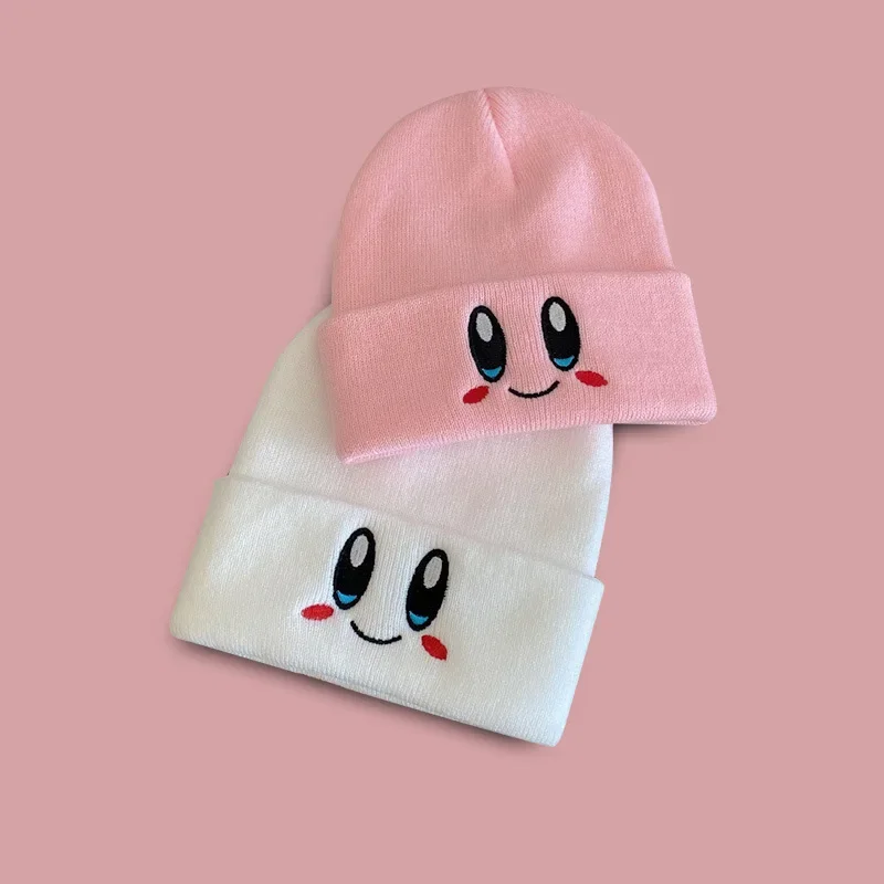 Cute Kirby Beanies Women Winter Warm Hat Anime Cartoon Solid Color Kawaii Embroidery Caps for Girls Knitted Bonnet Female Gift